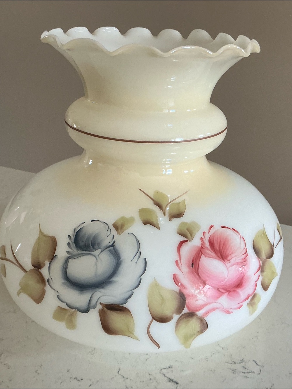 Vintage GWTW Hand-Painted Floral Milk Glass Lamp Shade in Cream and Pink